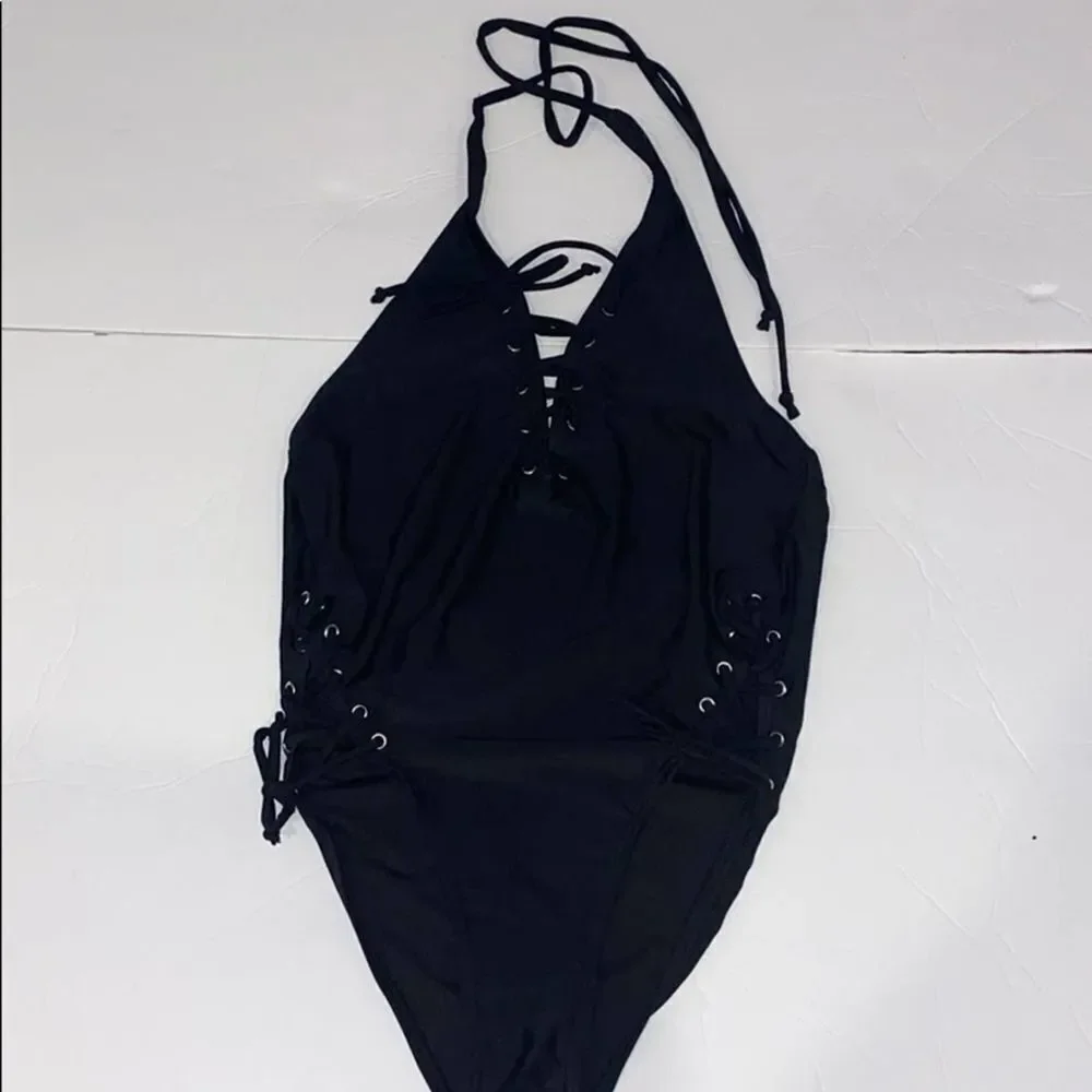 Pretty Attitude Tied Up Lace Up One Piece Swimsuit
